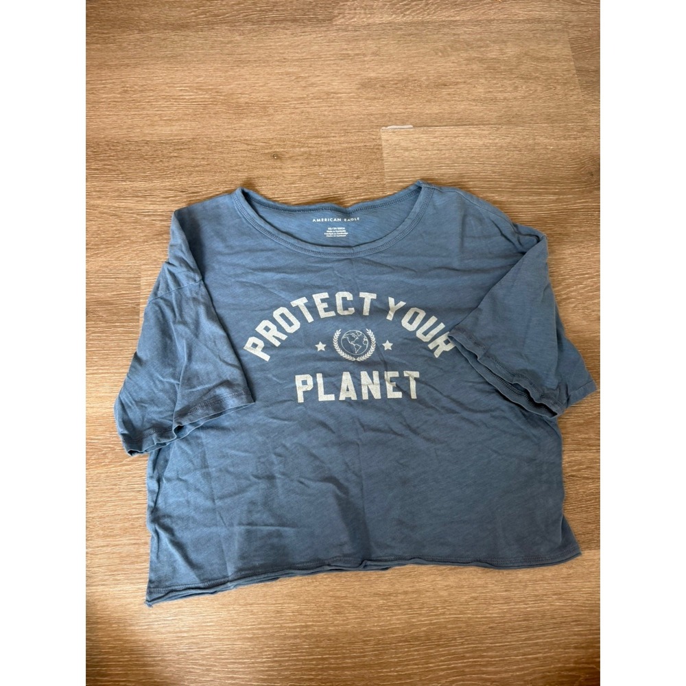 American Eagle Protect Your Planet Blue Crop Tee Shirt Womens XS Oversized